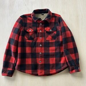 Eddie Bauer Fleece Shirt Jacket Kids 10/12 Red Plaid Sherpa Lined Snap Front